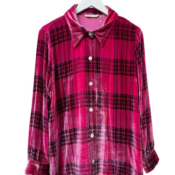SOFT SURROUNDINGS Velvet Shirt Large Tall Pink Plaid Rayon Silk Button Up Womens - Picture 4 of 11